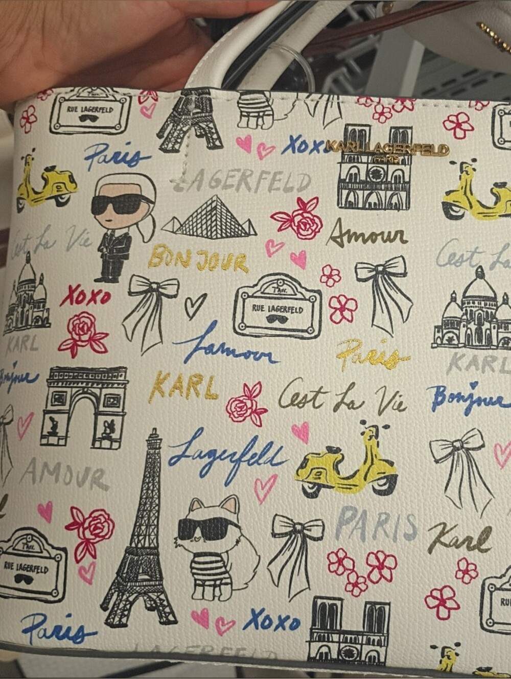 Karl Lagerfeld White Paris Print Crossbody Bag with Multicolor Accents